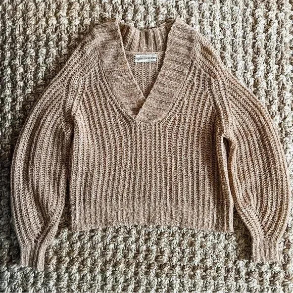 Anthropologie Honore Ribbed V Neck Chunky Knit Wool Sweater in Honey Sz XSP - Picture 8 of 16